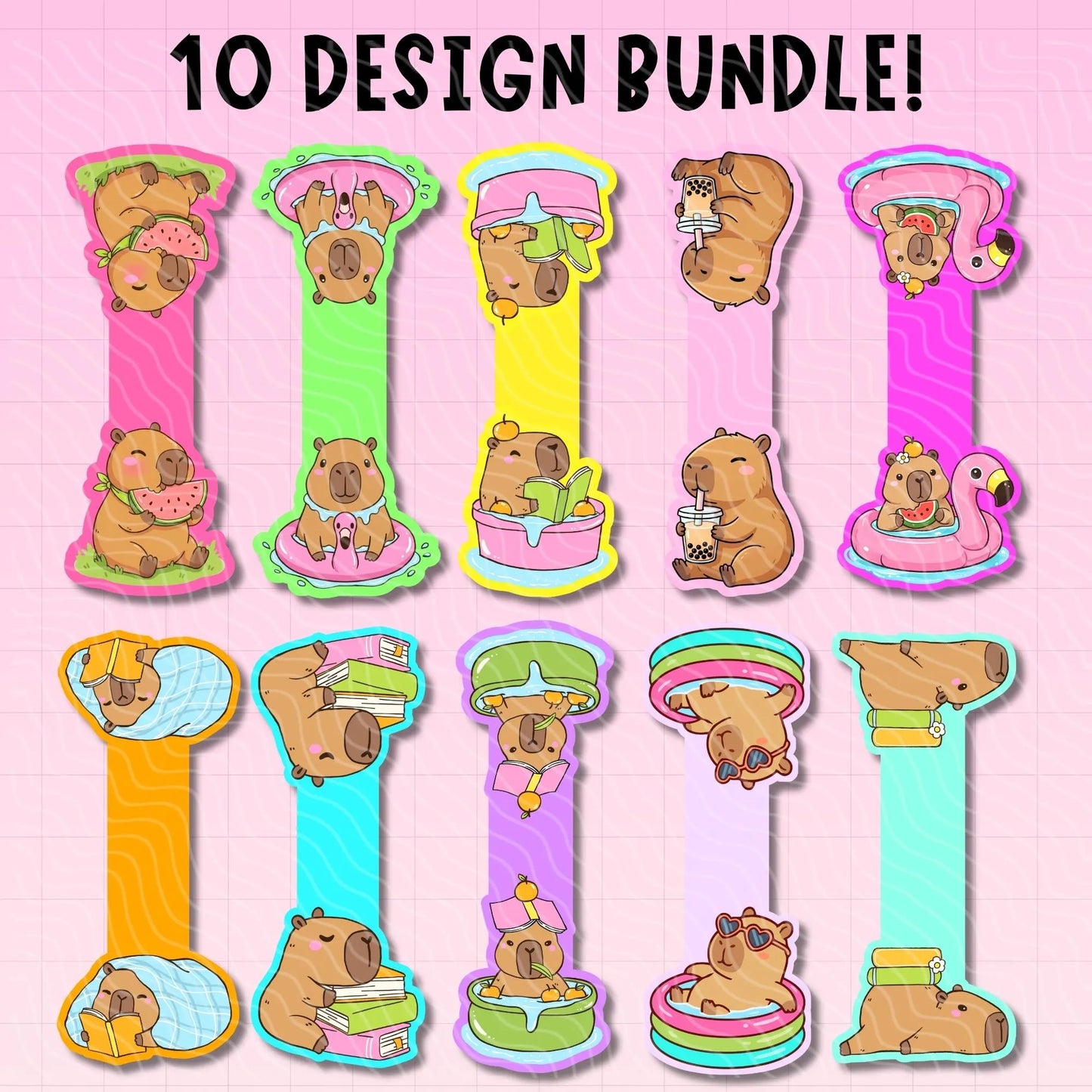 Set of 10 cartoon bear designs on colorful background