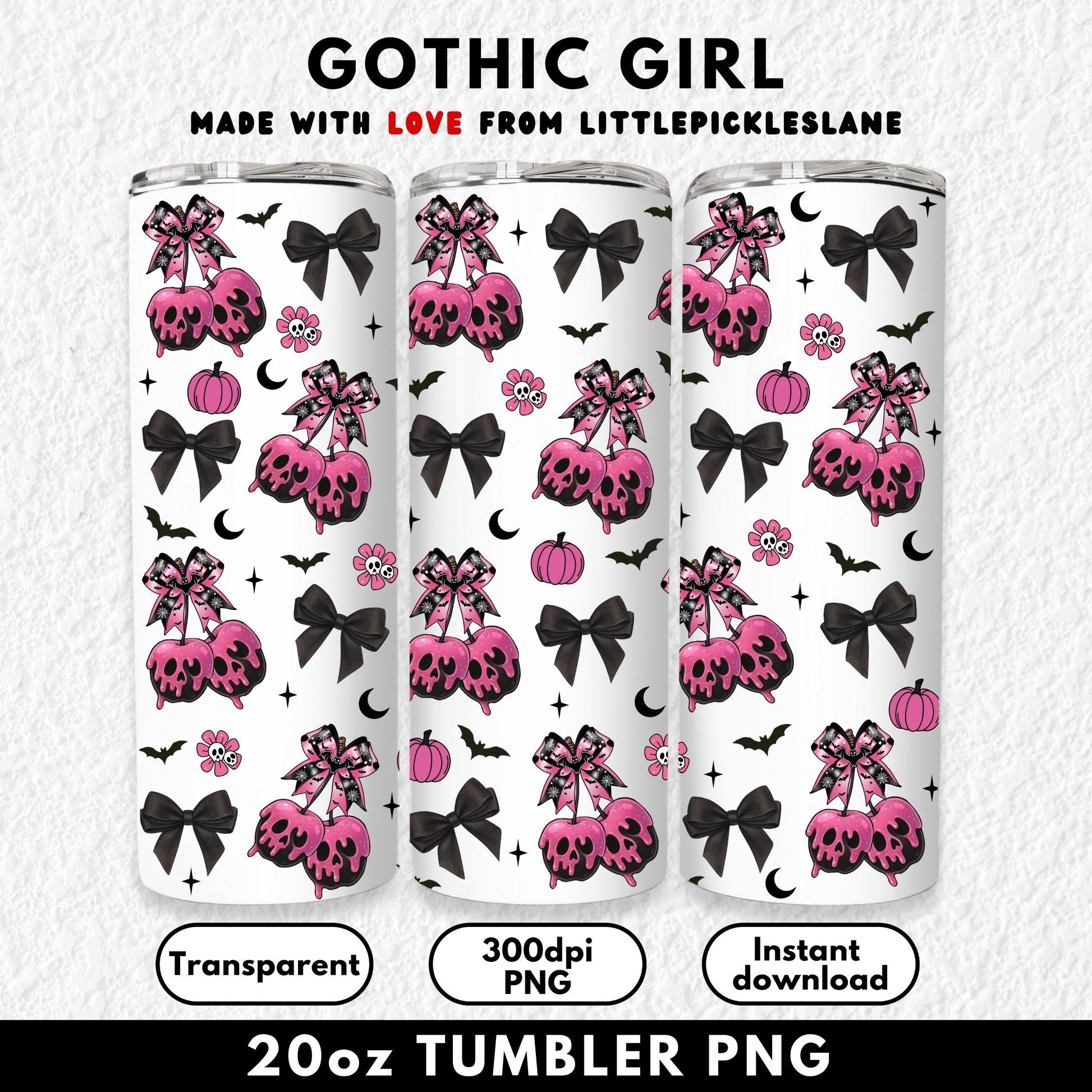 20oz sublimation tumbler wrap digital download featuring pink gothic candy apples with skull designs, black bows, pumpkins, bats, and skull flowers. This spooky cute sublimation PNG wrap is perfect for Halloween crafting, gothic drinkware, or creepy cute tumbler designs. Seamless high-resolution file fits straight skinny tumblers and is ideal for DIY sublimation projects, small business crafting, or unique Halloween gift ideas. Instant digital download for sublimation printers.