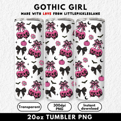20oz sublimation tumbler wrap digital download featuring pink gothic candy apples with skull designs, black bows, pumpkins, bats, and skull flowers. This spooky cute sublimation PNG wrap is perfect for Halloween crafting, gothic drinkware, or creepy cute tumbler designs. Seamless high-resolution file fits straight skinny tumblers and is ideal for DIY sublimation projects, small business crafting, or unique Halloween gift ideas. Instant digital download for sublimation printers.