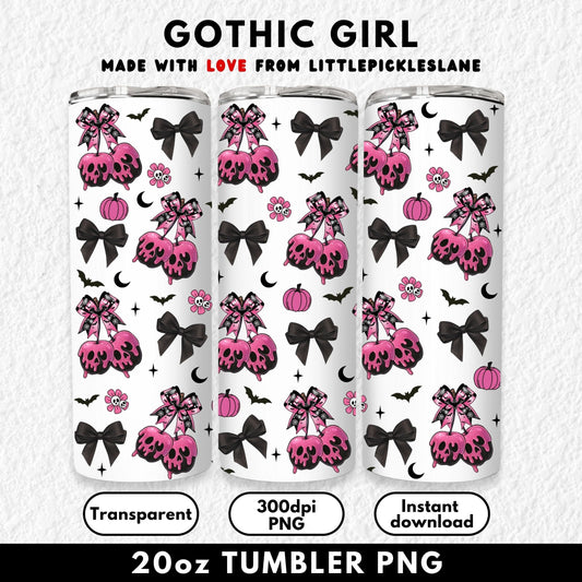 20oz sublimation tumbler wrap digital download featuring pink gothic candy apples with skull designs, black bows, pumpkins, bats, and skull flowers. This spooky cute sublimation PNG wrap is perfect for Halloween crafting, gothic drinkware, or creepy cute tumbler designs. Seamless high-resolution file fits straight skinny tumblers and is ideal for DIY sublimation projects, small business crafting, or unique Halloween gift ideas. Instant digital download for sublimation printers.