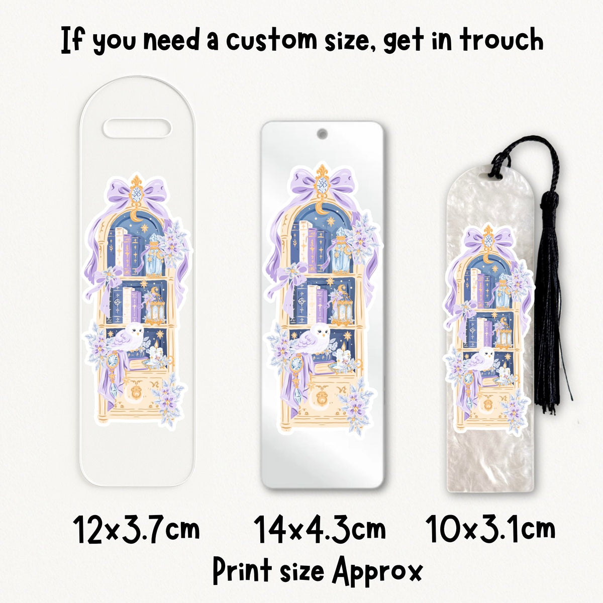 Three printed bookmark/card designs shown on a light background with size labels beneath each: 12x3.7 cm, 14x4.