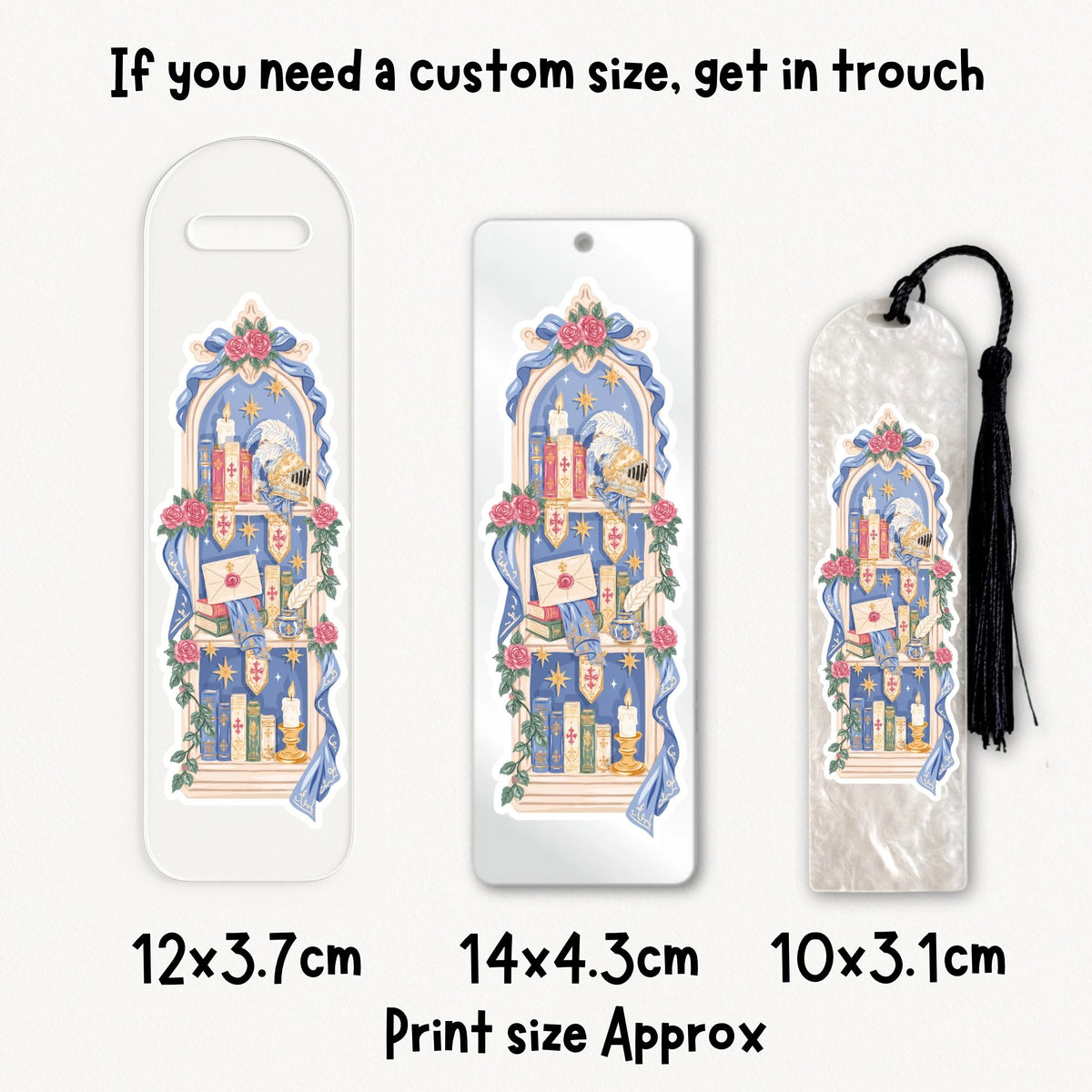 Three printed bookmark or tag-style product sizes shown on a light background with text indicating dimensions: 12x3.7 cm, 14x4.