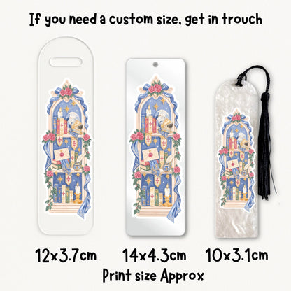 Three printed bookmark or tag-style product sizes shown on a light background with text indicating dimensions: 12x3.7 cm, 14x4.