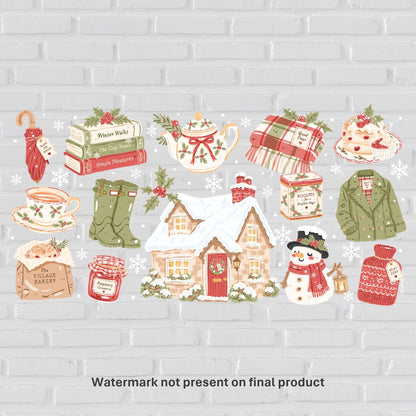 Cosy Christmas winter illustration featuring a snow-covered cottage, festive books, holly teapot, snowman, warm drinks, winter clothing, biscuits and traditional Christmas decorations in sage green and red.
