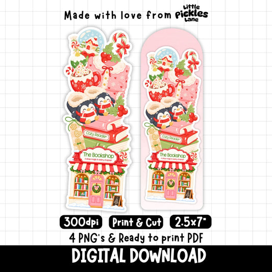 Digital product listing graphic for a Christmas-themed printable PDF download. The design shows two tall die-cut sticker-like illustrations featuring penguins, candy canes, snow globes, books, and a storefront labeled 'The Bookshop' on a white grid background.