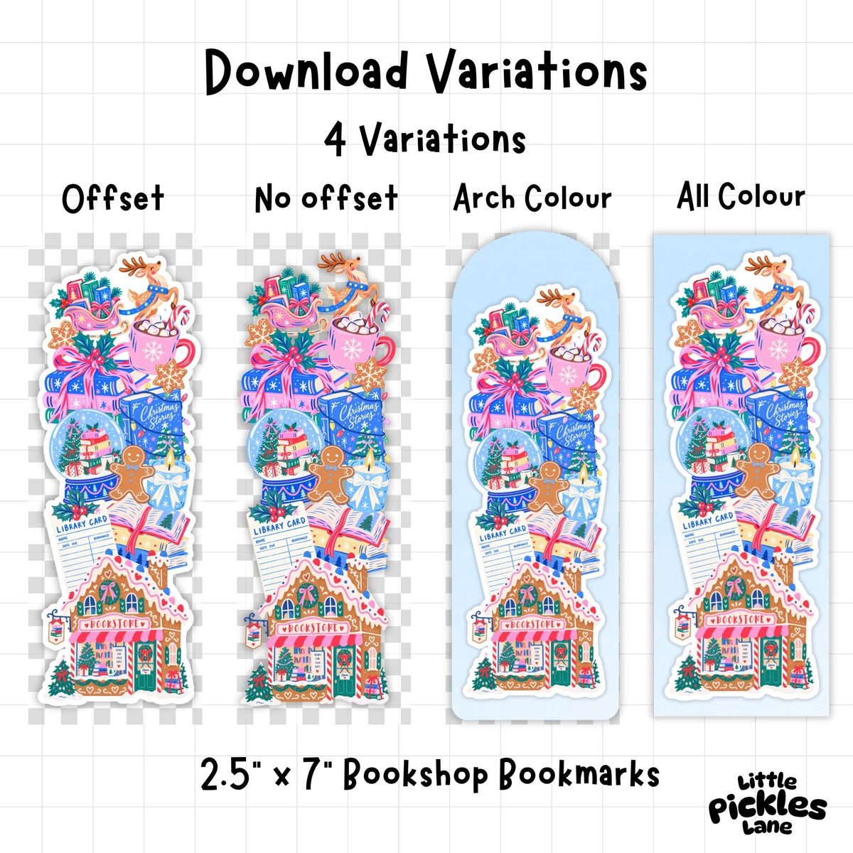 A digital listing graphic showing four illustrated variations of a Christmas bookshop-themed bookmark design, labeled Offset, No offset, Arch Colour, and All Colour. The bookmarks feature pink teapots, wrapped gifts, gingerbread houses, ornaments, and holiday decorations on a white grid background.