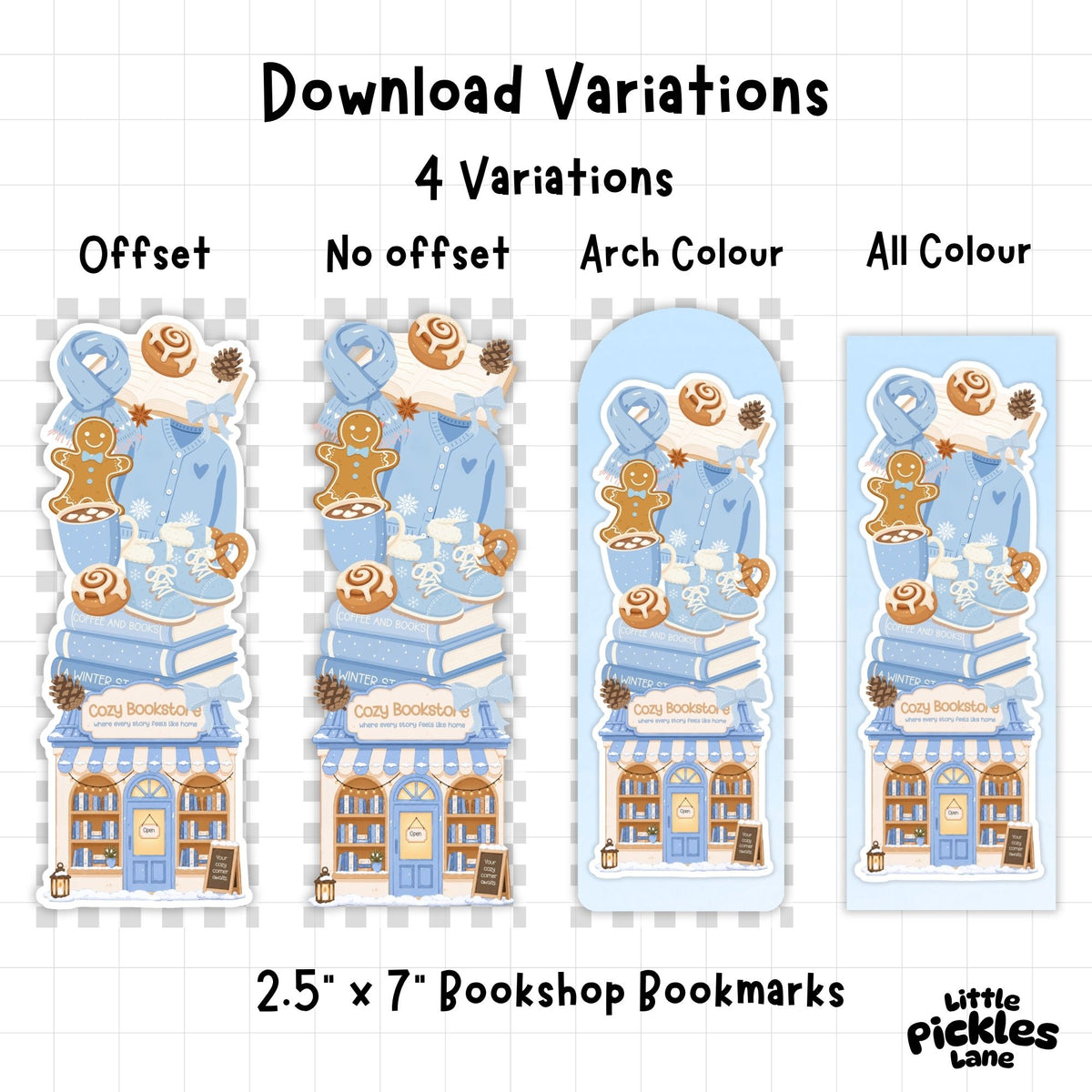 A digital preview sheet showing four variations of a book-themed bookmark design, labeled Offset, No offset, Arch Colour, and All Colour. The bookmark artwork features gingerbread cookies, books, a blue sweater, and a bookshop facade.