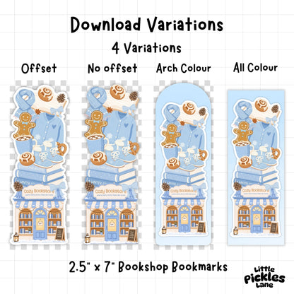 A digital preview sheet showing four variations of a book-themed bookmark design, labeled Offset, No offset, Arch Colour, and All Colour. The bookmark artwork features gingerbread cookies, books, a blue sweater, and a bookshop facade.