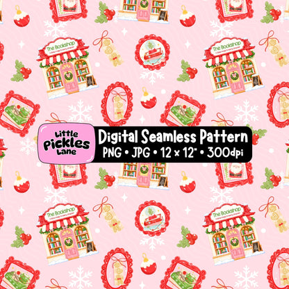 Pink Christmas bookshop seamless pattern featuring festive bookstores, vintage Christmas ornaments, holly berries, snowflakes and gingerbread decorations.