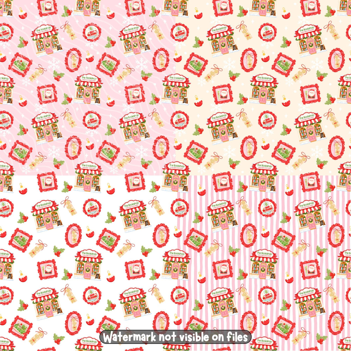 Pink Christmas bookshop seamless digital paper showing festive pattern variations with snowy bookstores, Santa artwork, holly berries and vintage ornaments.