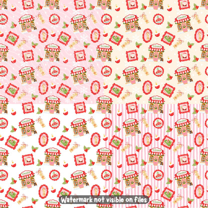 Pink Christmas bookshop seamless digital paper showing festive pattern variations with snowy bookstores, Santa artwork, holly berries and vintage ornaments.