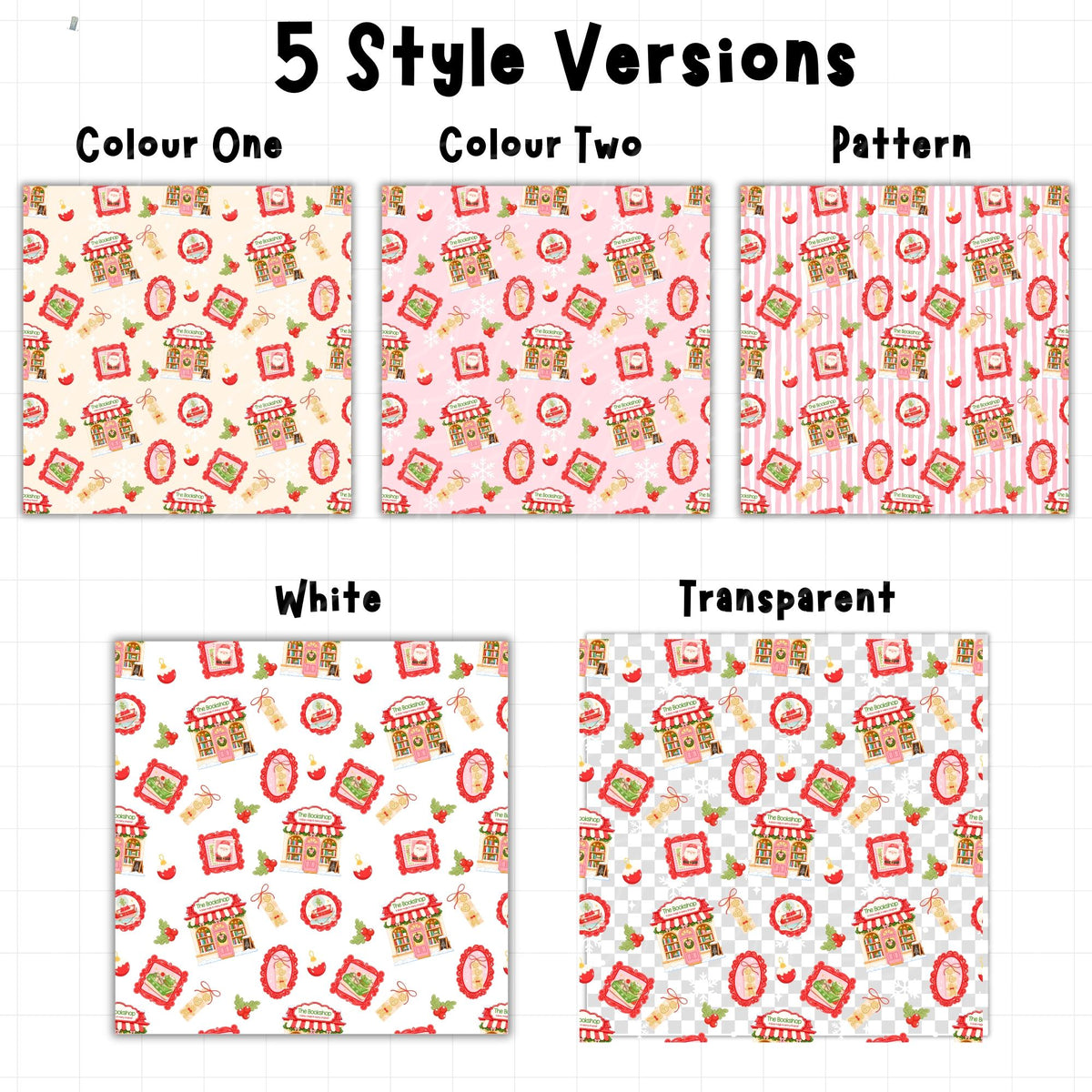 Pink Christmas bookshop seamless digital paper showing festive pattern variations with snowy bookstores, Santa artwork, holly berries and vintage ornaments.