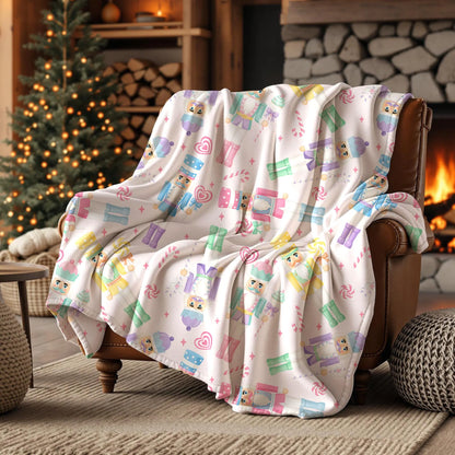 Pastel nutcracker Christmas seamless pattern printed on a blanket draped over a leather armchair beside a decorated Christmas tree.