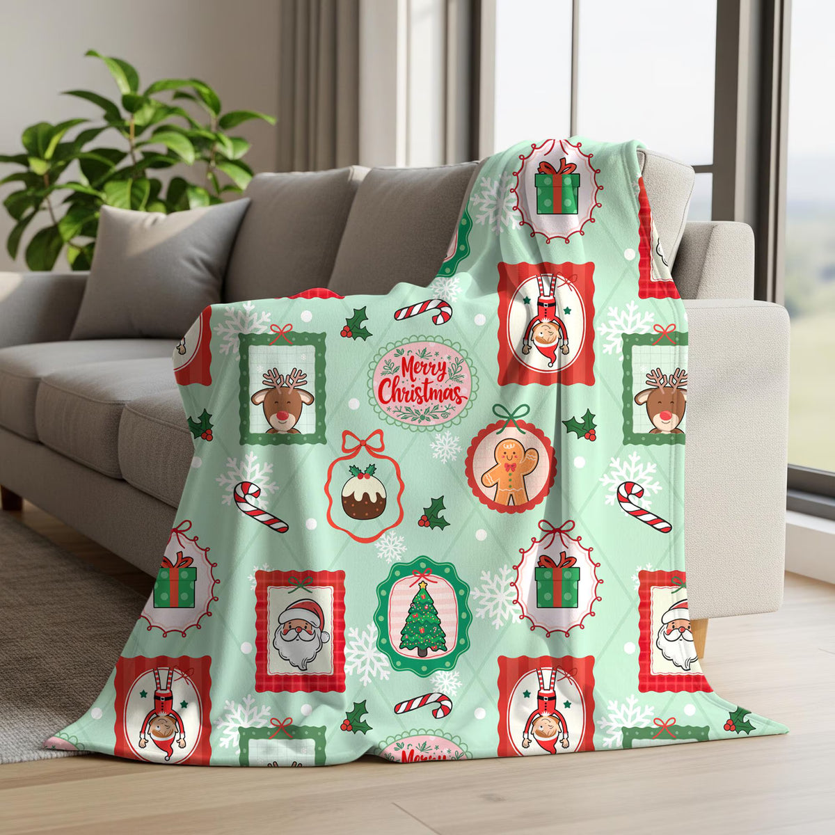 Mint green Christmas seamless pattern displayed on a fleece blanket with framed Santa portraits, Rudolph, Christmas trees and candy canes.