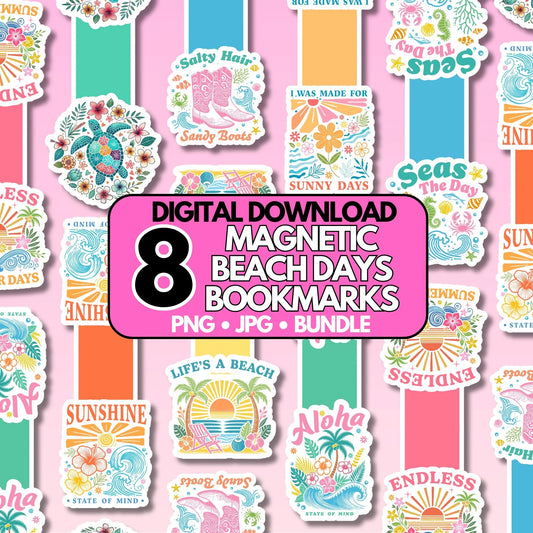Digital download of 8 magnetic beach days bookmarks on a pink background