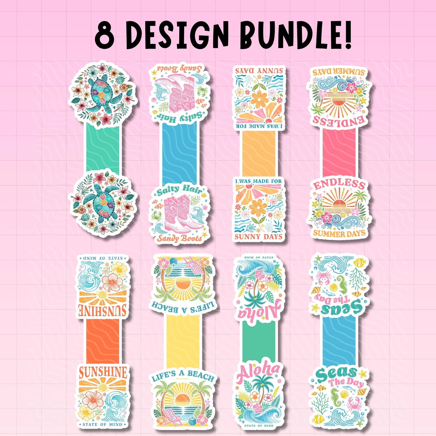Set of colorful bookmarks with various designs on a pink background