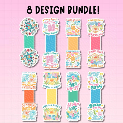 Set of colorful bookmarks with various designs on a pink background
