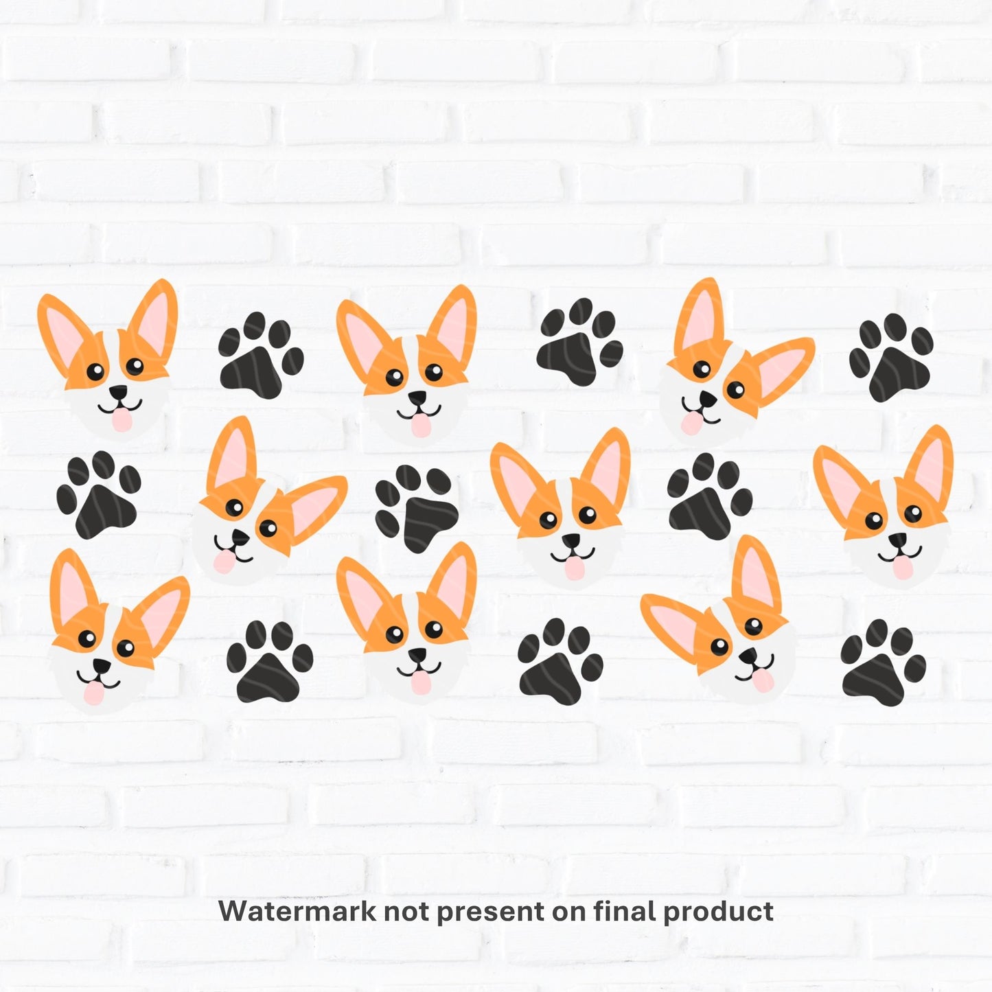 Pattern of cartoon corgis and paw prints on a white background