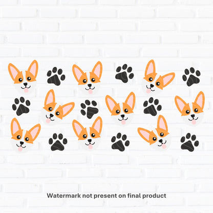 Pattern of cartoon corgis and paw prints on a white background