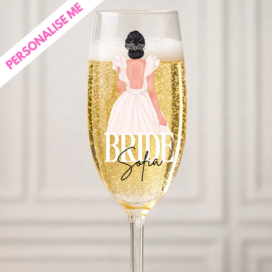 Champagne flute with a bride illustration and 'BRIDE Sofia' text on a white background, custom and personalised uvdtf transfer for wine glasses and champagne glass