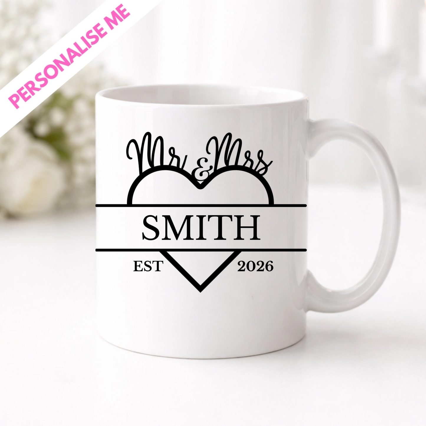 White mug with 'Mr & Mrs Smith EST 2026' design on a white background, showing a wedding gift with custom uv dtf printing transfer
