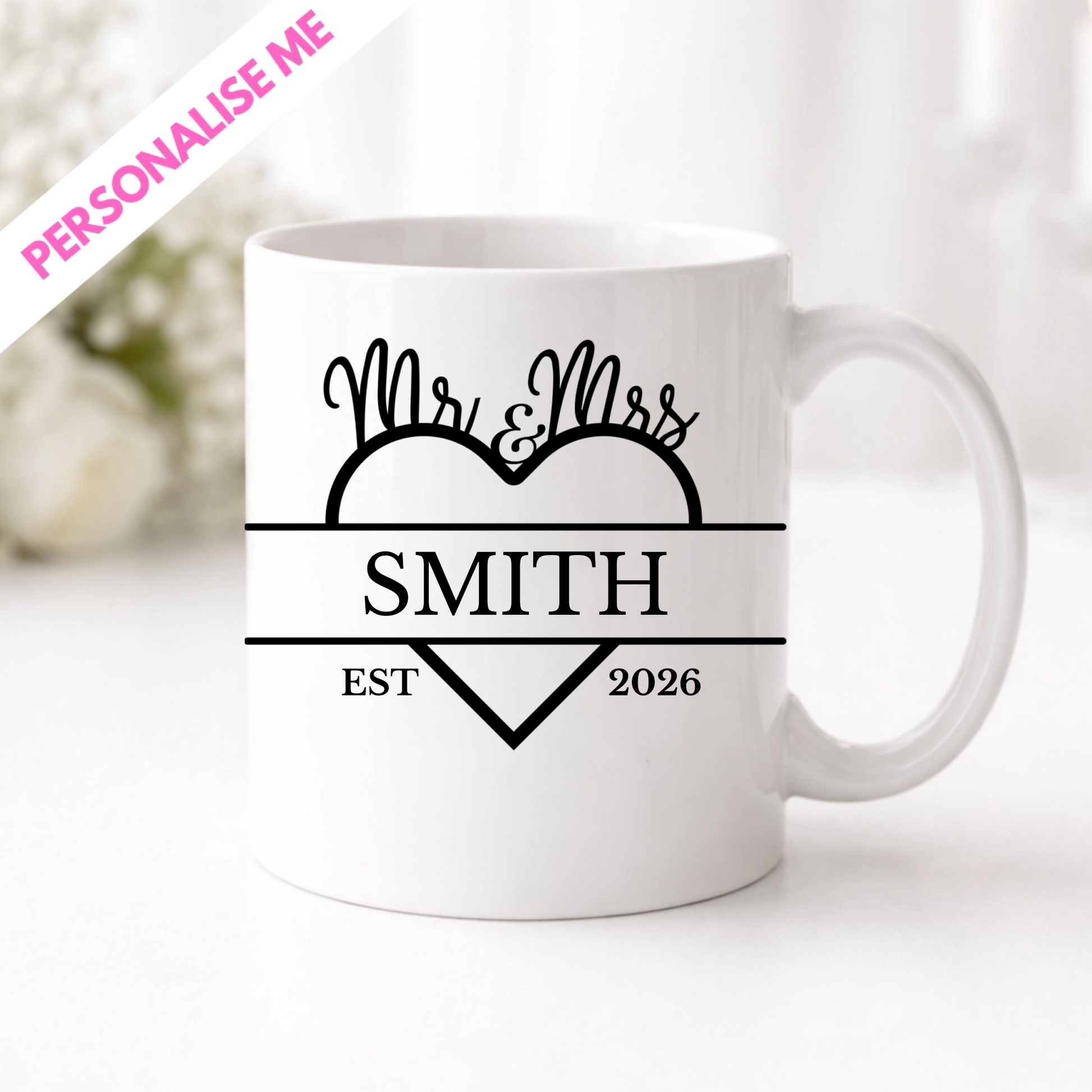 White mug with 'Mr & Mrs Smith EST 2026' design on a white background, showing a wedding gift with custom uv dtf printing transfer