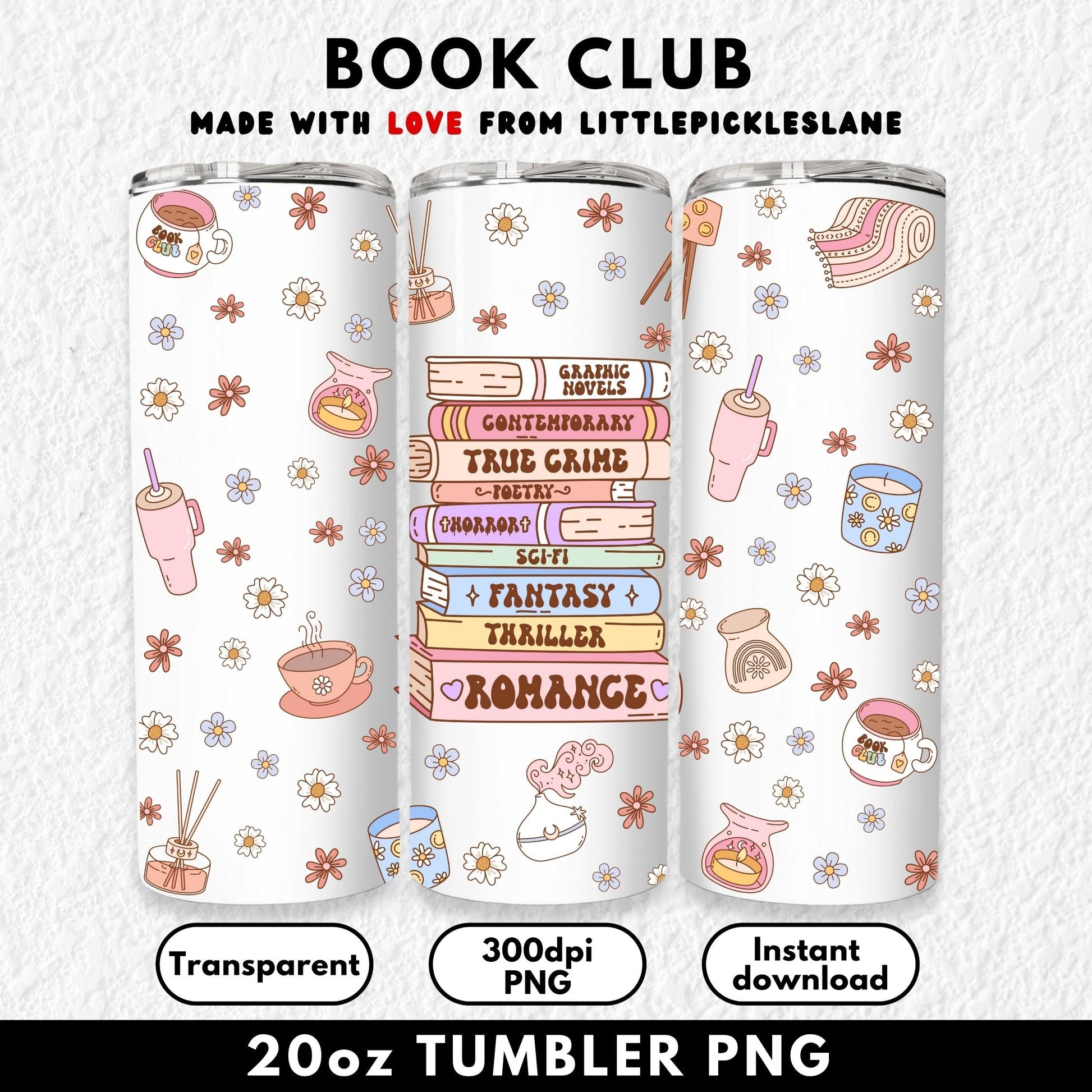 20oz sublimation tumbler wrap featuring a cozy book lover design with a pastel stack of books labeled Romance, Fantasy, Thriller, Horror, True Crime, Sci-Fi, Contemporary, Poetry, and Graphic Novels. Surrounded by daisies, candles, coffee mugs, blankets, incense, and cozy drinks, this seamless design is perfect for readers, book clubs, and library lovers. High-resolution PNG for straight skinny tumblers, ideal for sublimation crafting, cozy drinkware, and book-themed gifts.