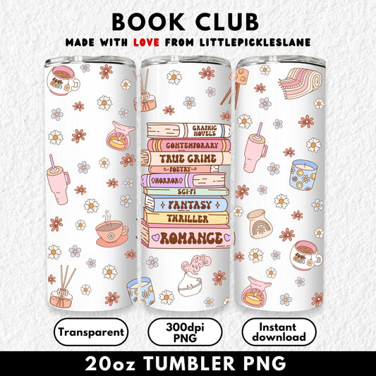 20oz sublimation tumbler wrap featuring a cozy book lover design with a pastel stack of books labeled Romance, Fantasy, Thriller, Horror, True Crime, Sci-Fi, Contemporary, Poetry, and Graphic Novels. Surrounded by daisies, candles, coffee mugs, blankets, incense, and cozy drinks, this seamless design is perfect for readers, book clubs, and library lovers. High-resolution PNG for straight skinny tumblers, ideal for sublimation crafting, cozy drinkware, and book-themed gifts.