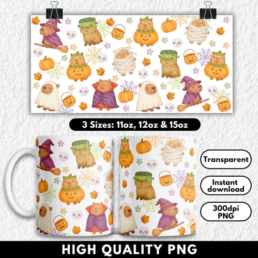 This adorable Halloween sublimation wrap features capybaras in cute costumes including mummies, ghosts, witches, vampires, and jack-o'-lantern outfits. Surrounded by pumpkins, skulls, candy buckets, spiderwebs, and autumn leaves, this kawaii-style design is perfect for seasonal mugs. High-resolution PNG sized for 11oz, 12oz, and 15oz sublimation mugs—ideal for spooky season gifts or Halloween crafting.