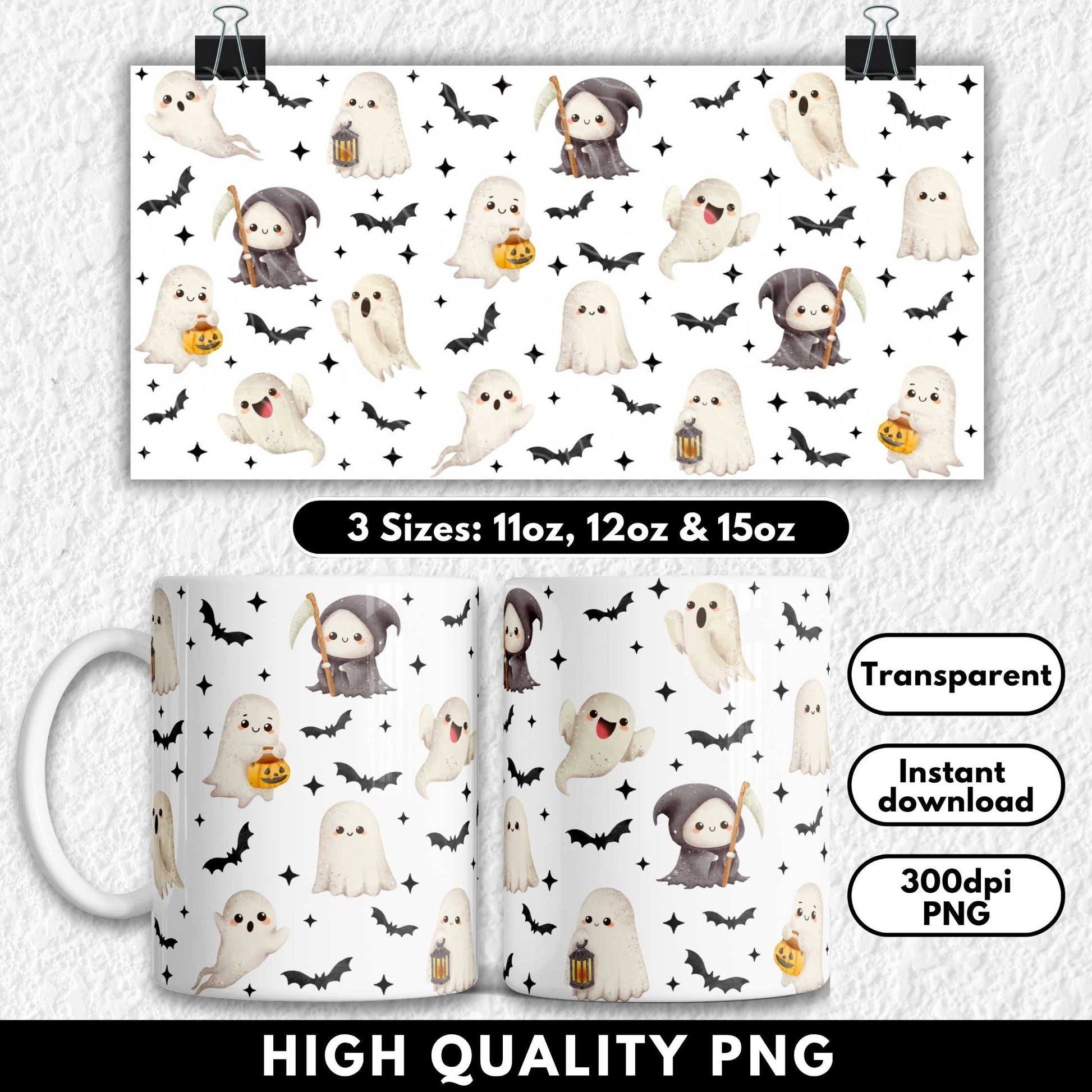 This cute Halloween sublimation mug wrap features pastel watercolor-style ghosts and mini grim reapers holding pumpkins and lanterns, flying among hand-painted bats on a black background. Designed for 11oz, 12oz, and 15oz mugs, this high-resolution PNG is perfect for spooky drinkware, Halloween crafting, or a fun seasonal gift idea. Ideal for sublimation printing and Halloween lovers.