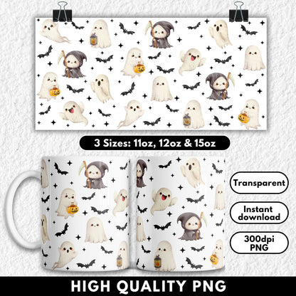 This cute Halloween sublimation mug wrap features pastel watercolor-style ghosts and mini grim reapers holding pumpkins and lanterns, flying among hand-painted bats on a black background. Designed for 11oz, 12oz, and 15oz mugs, this high-resolution PNG is perfect for spooky drinkware, Halloween crafting, or a fun seasonal gift idea. Ideal for sublimation printing and Halloween lovers.