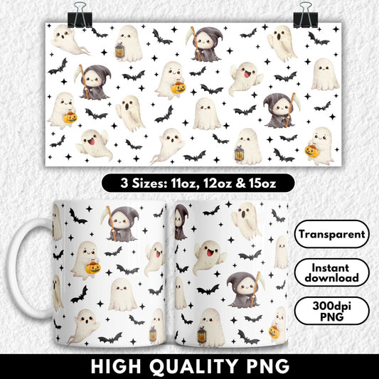 This cute Halloween sublimation mug wrap features pastel watercolor-style ghosts and mini grim reapers holding pumpkins and lanterns, flying among hand-painted bats on a black background. Designed for 11oz, 12oz, and 15oz mugs, this high-resolution PNG is perfect for spooky drinkware, Halloween crafting, or a fun seasonal gift idea. Ideal for sublimation printing and Halloween lovers.