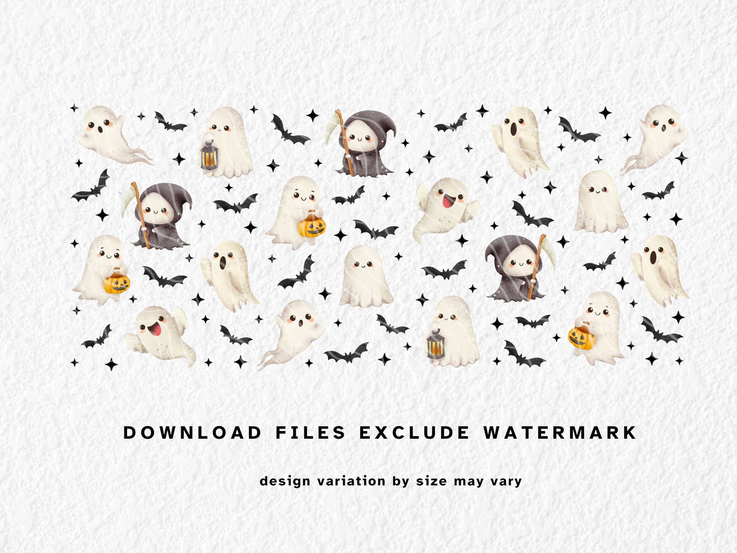 This cute Halloween sublimation mug wrap features pastel watercolor-style ghosts and mini grim reapers holding pumpkins and lanterns, flying among hand-painted bats on a black background. Designed for 11oz, 12oz, and 15oz mugs, this high-resolution PNG is perfect for spooky drinkware, Halloween crafting, or a fun seasonal gift idea. Ideal for sublimation printing and Halloween lovers.