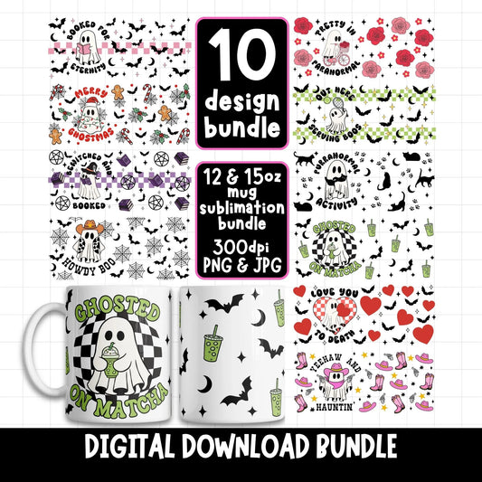 Mug with Halloween-themed design and digital download bundle text on a white background