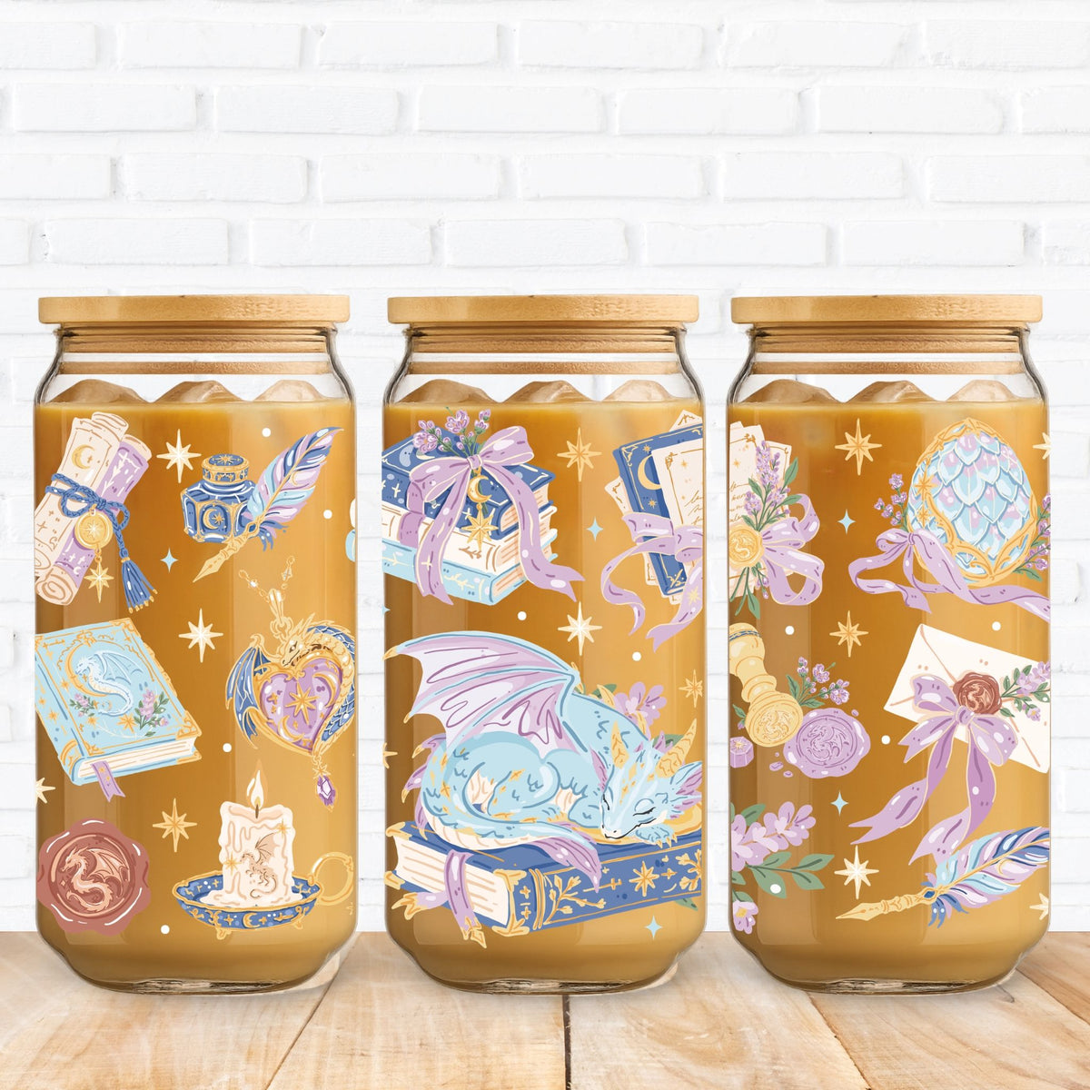 Pastel romantasy dragon illustration featuring a sleeping blue and lavender dragon resting on enchanted books, magical scrolls, ornate spellbooks, dragon egg, celestial quills, wax-sealed letters, candles, lavender flowers and golden stars in a whimsical fantasy bookish theme.