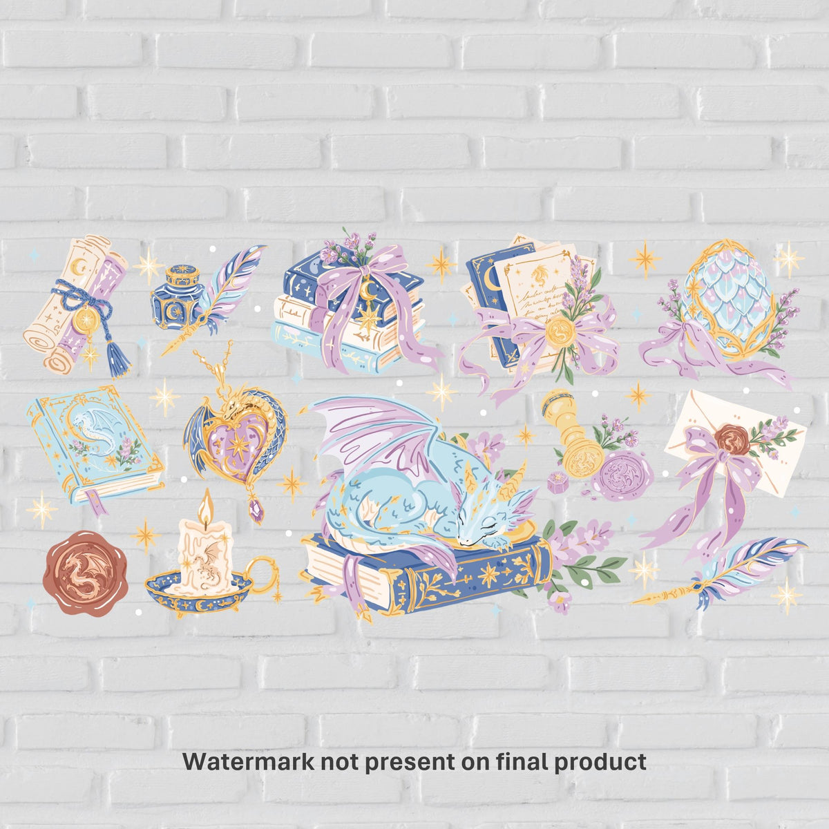 Pastel romantasy dragon illustration featuring a sleeping blue and lavender dragon resting on enchanted books, magical scrolls, ornate spellbooks, dragon egg, celestial quills, wax-sealed letters, candles, lavender flowers and golden stars in a whimsical fantasy bookish theme.