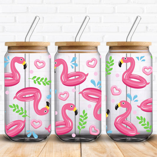 cute pink flamingo uv dtf wrap for 16oz libbey glass cans.  Uk supplier of printed transfers for bamboo beer glasses