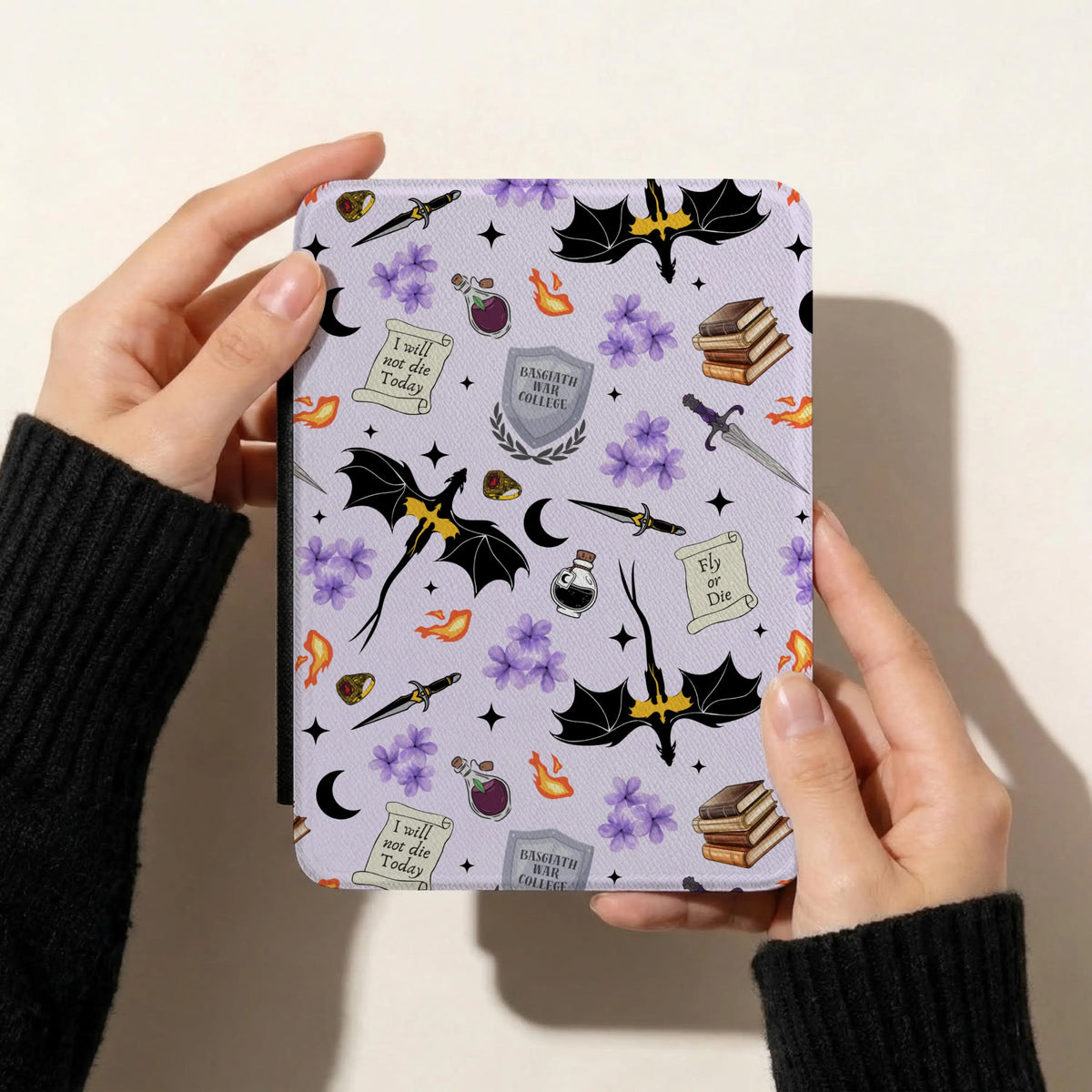 Fourth Wing inspired seamless pattern displayed on a Kindle cover featuring black dragons, violet flowers, fantasy swords and magical bookish artwork.