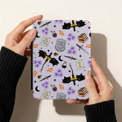 Fourth Wing inspired seamless pattern displayed on a Kindle cover featuring black dragons, violet flowers, fantasy swords and magical bookish artwork.