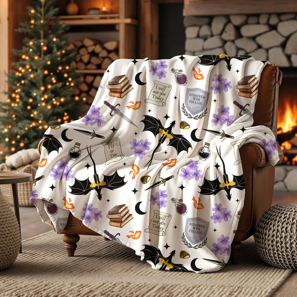 Dragon romantasy seamless digital paper printed on a throw blanket featuring black dragons, swords, purple flowers and fantasy book illustrations.