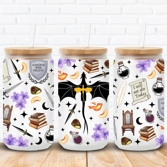 Fourth Wing inspired glass can wrap for 16oz and 20oz Libbey cups. Features Basgiath War College crest, dagger swords, dragon wings, peaches, potion bottles, and the quotes “Fly or Die” and “I will not die today.” Perfect for booktok fans, fantasy romance lovers, or Violet Sorrengail merch. Great for sublimation or UV DTF projects.