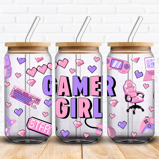 cute girly gamer girl uv dtf wrap for libbey glass can tumblers 16oz size