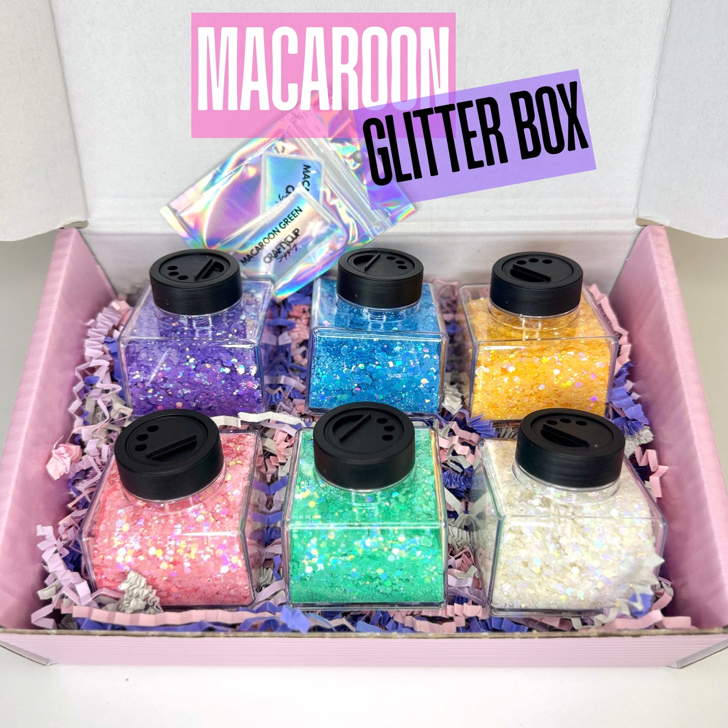 Macaroon Glitter Box 6x 2oz/56g, With Stacker Jars & Labels (WORTH £51!)