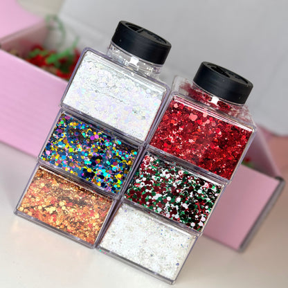 Christmas Glitter Box 6x 2oz/56g, With Stacker Jars & Labels (WORTH £51!)