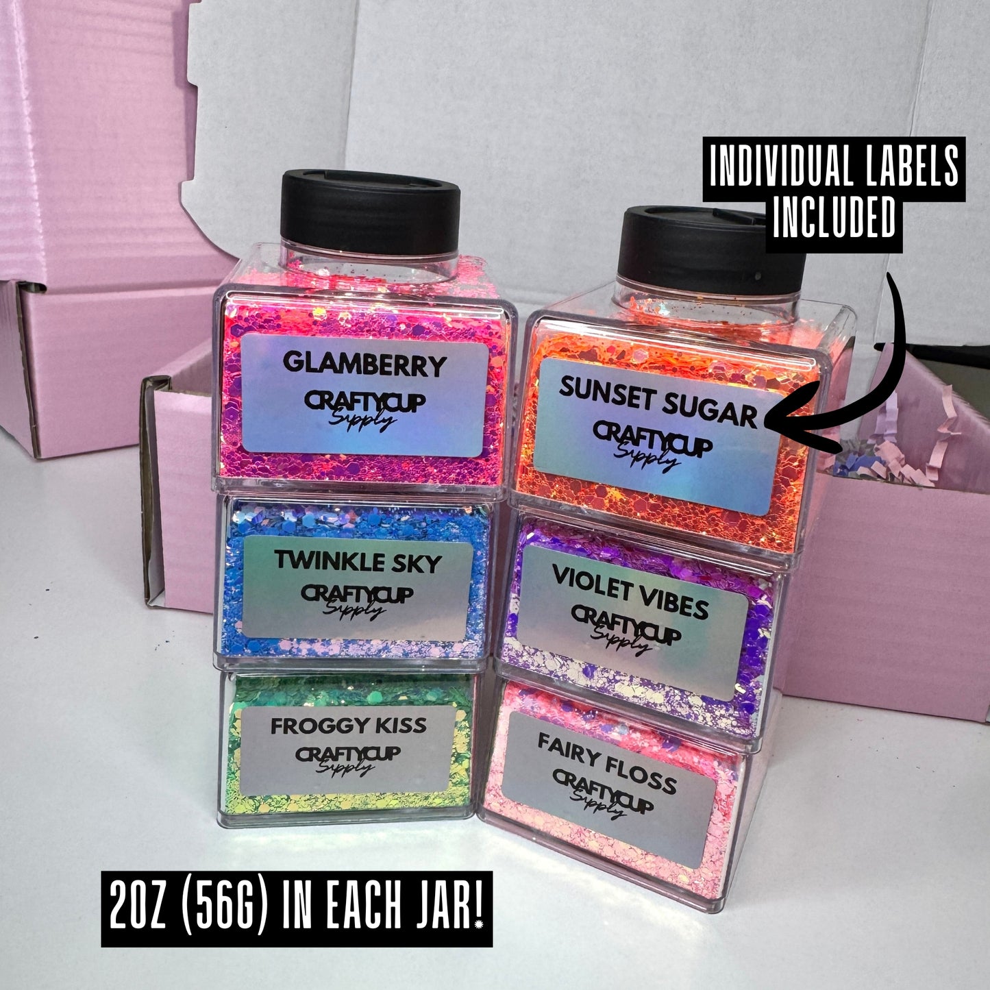 Extreme Sparkle Glitter Box 6x 2oz/56g, With Stacker Jars & Labels (WORTH £54!)