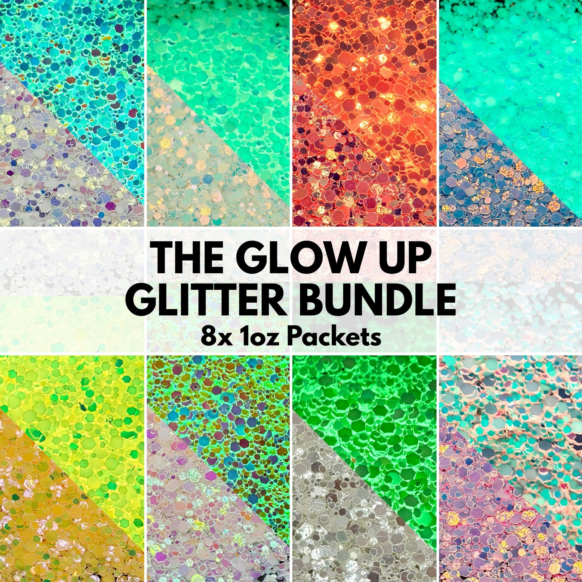 Premium glow in the dark glitter collection featuring vibrant neon and luminous glitter colours including pink, blue, white, yellow, orange, and silver. High-quality polyester craft glitter designed for tumblers, resin art, epoxy projects, nail art, slime, UV resin, shaker molds, candle decorating, and DIY crafts. These glow-in-the-dark glitter flakes absorb light and emit a bright glow in darkness, making them perfect for Halloween crafts, festival creations, custom drinkware, and eye-catching handmade pro