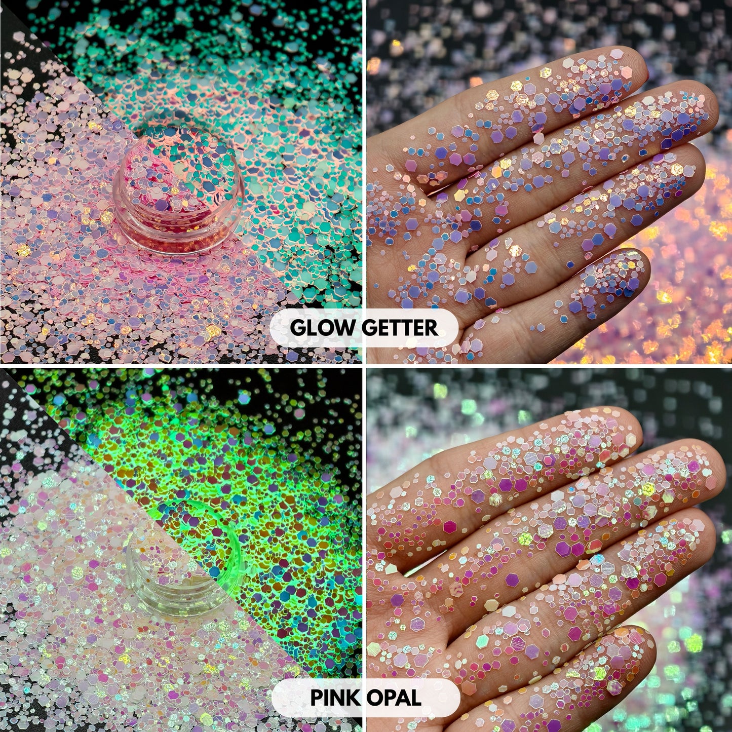 Glow in the dark glitter set with bright neon colours and long-lasting luminous effects. Includes premium polyester glitter for resin casting, epoxy tumblers, nail designs, slime making, shaker charms, keychains, UV DTF crafts, and Halloween decorations. These fluorescent glow glitters charge under natural or artificial light and create a stunning glow effect in darkness. Ideal for crafters, resin artists, tumbler makers, and DIY projects requiring unique glow-in-the-dark sparkle.