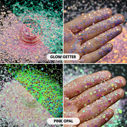 Glow in the dark glitter set with bright neon colours and long-lasting luminous effects. Includes premium polyester glitter for resin casting, epoxy tumblers, nail designs, slime making, shaker charms, keychains, UV DTF crafts, and Halloween decorations. These fluorescent glow glitters charge under natural or artificial light and create a stunning glow effect in darkness. Ideal for crafters, resin artists, tumbler makers, and DIY projects requiring unique glow-in-the-dark sparkle.