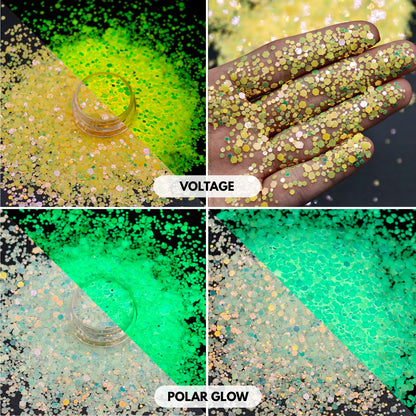 Glow in the dark glitter set with bright neon colours and long-lasting luminous effects. Includes premium polyester glitter for resin casting, epoxy tumblers, nail designs, slime making, shaker charms, keychains, UV DTF crafts, and Halloween decorations. These fluorescent glow glitters charge under natural or artificial light and create a stunning glow effect in darkness. Ideal for crafters, resin artists, tumbler makers, and DIY projects requiring unique glow-in-the-dark sparkle.