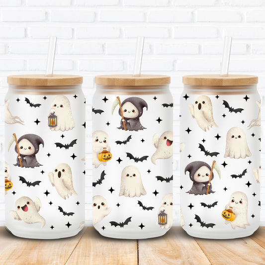Cute Halloween-themed 16oz and 20oz Libbey can wrap digital design featuring adorable ghosts, playful bats, and mini grim reapers on a black background. Perfect for sublimation or UV DTF printing, this wrap adds spooky charm to your glass cans. Ideal for Halloween lovers, fall drinkware projects, or gifting to fans of kawaii horror. A fun and festive digital download for seasonal crafting.